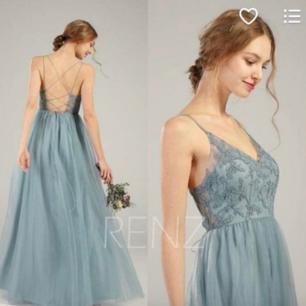 Renz Rags 4 Dusty Blue Lace embroidered floral corset Bridesmaid Dress V Neck